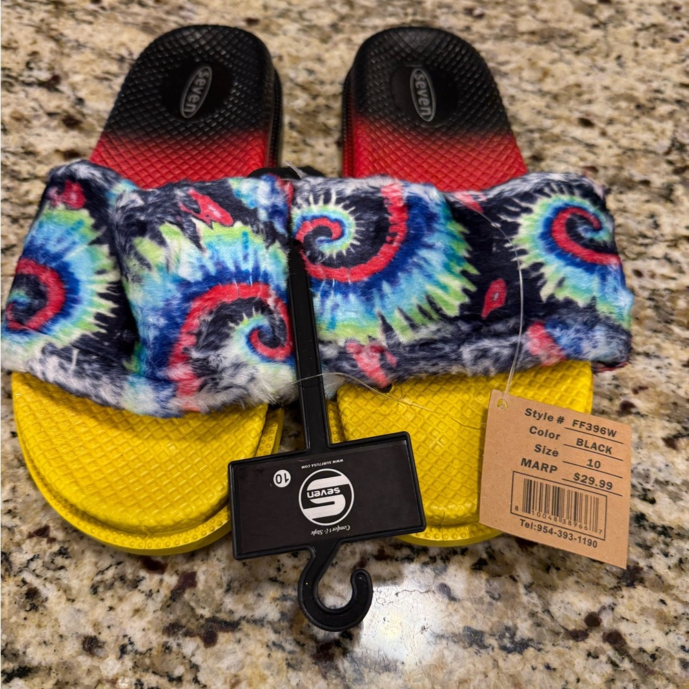 Seven tie dyed faux fur rainbow colored slides Size 10